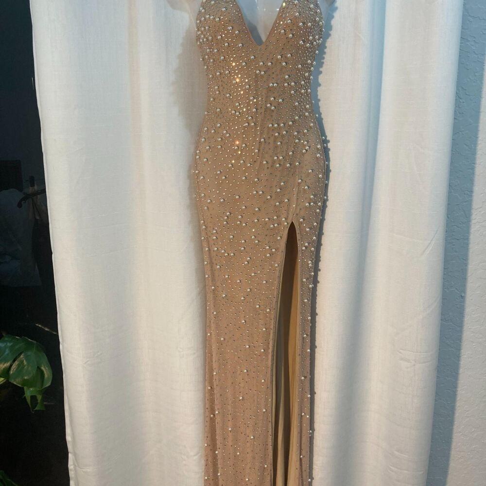 Fashion Nova Novaluxe Natasha Gown Nude Pearl Dress Size S NWT - Retail $111